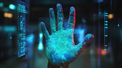 Digital KYC verification with hand interacting on holographic interface