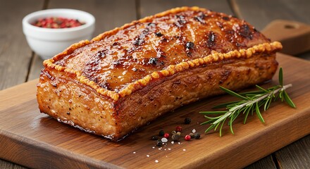 Roasted Pork Loin on Wooden Board with Rosemary and Pepper