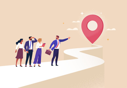 Business Way Concept. Vector cartoon illustration of a group of people in business suits standing at the start of a path with a leader at the head pointing to the final location pin.