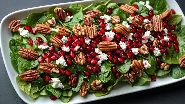 Spinach salad with pecans, pomegranate and goat cheese.