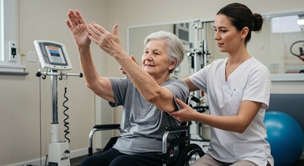 Elderly woman in wheelchair doing arm exercises with a physical therapist in a clinic setting