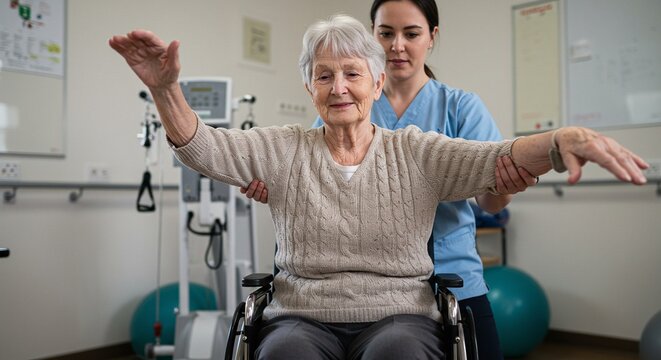 Elderly woman in wheelchair doing arm exercises with assistance from a healthcare professional in a clinic