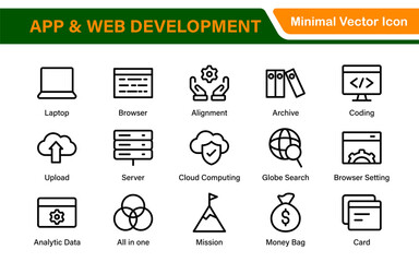 Professional App Web Development Icons – Modern Outline Vector Set for UI, UX, Programming, Websites, Coding, Digital Products, and Software