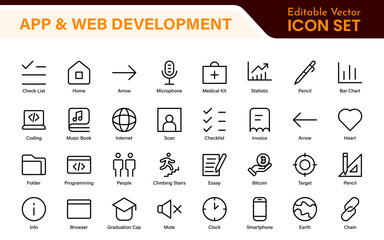 Professional App Web Development Icons – Modern Outline Vector Set for UI, UX, Programming, Websites, Coding, Digital Products, and Software