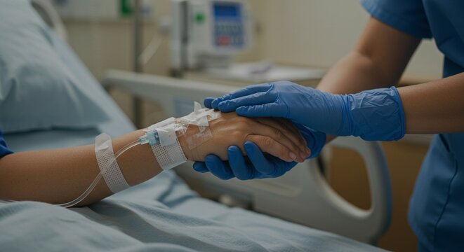 A nurse holding the hand of a patient with an iv drip in a hospital bed for comfort and support