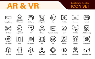 AR VR Line Icon Set – Minimal Vector Outline Illustrations for Augmented Reality, Virtual World, Futuristic Tech, Gaming, Metaverse, UX Design