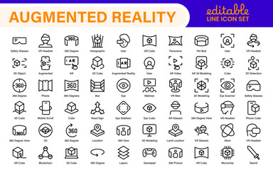 AR VR Line Icon Set – Minimal Vector Outline Illustrations for Augmented Reality, Virtual World, Futuristic Tech, Gaming, Metaverse, UX Design