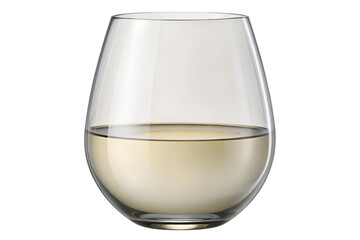 Clear stemless glass filled with a light colored liquid isolated on transparent background