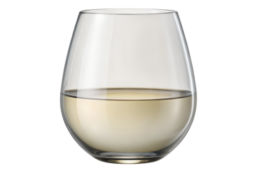 Clear stemless glass filled with a light colored liquid isolated on transparent background