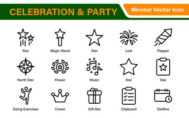 Celebration & Party Icons. Vector Icons for Birthdays, Holidays, Festivals, Fireworks, and Event Decorations