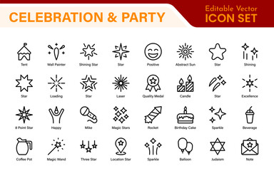 Celebration & Party Icons. Vector Icons for Birthdays, Holidays, Festivals, Fireworks, and Event Decorations