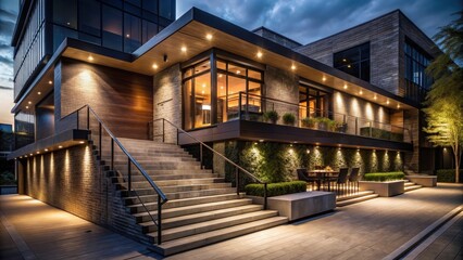 Dark modern restaurant building two story exterior at night with illuminated steps leading up to entrance , illuminated stairs, urban landscape