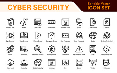 Cybersecurity Safety Icons – Secure Network, Data Protection, Firewall, Password, Hacking Prevention – Vector, Outline, Line, Minimal, Illustration