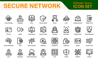 Cybersecurity Safety Icons – Secure Network, Data Protection, Firewall, Password, Hacking Prevention – Vector, Outline, Line, Minimal, Illustration