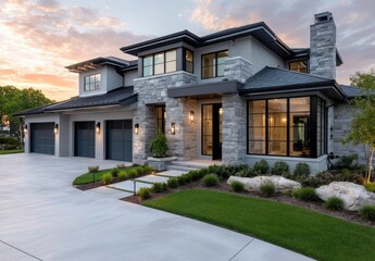 the exterior front view of an elegant, modern and perfectly symmetrical home in hairsone with dark grey accents and large windows