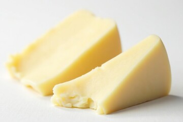 Several wedges of white cheese on white backdrop , soft, food