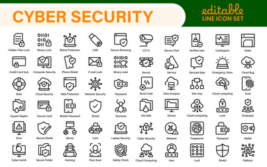 Cybersecurity Safety Icons – Secure Network, Data Protection, Firewall, Password, Hacking Prevention – Vector, Outline, Line, Minimal, Illustration