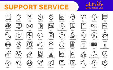 Support and customer service outline style modern icons set. Customer Feedback, Response, experience, helpline and technical support icon illustration