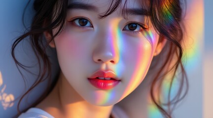 Fototapeta premium A young woman with glowing skin and soft makeup is bathed in colorful rainbow light across her face.