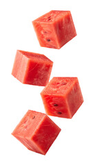 Falling Watermelon cubes isolated on transparent background
