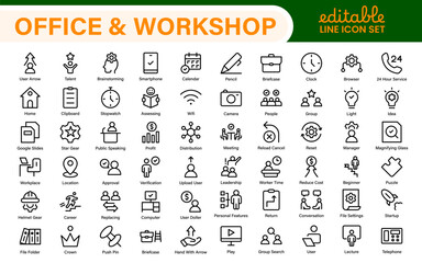 Workshop and Office related outline icon collection. Editable line icon set.