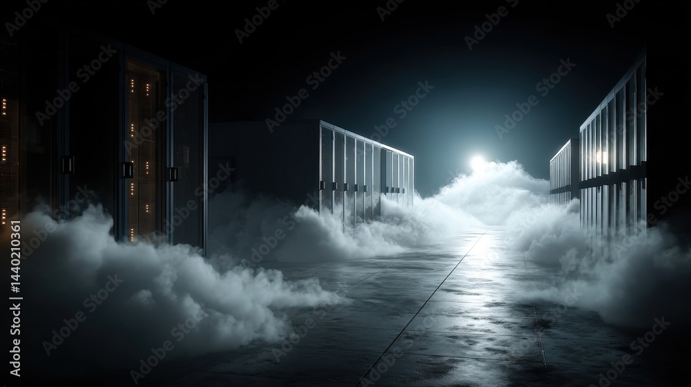Wall mural dark, moody scene of server racks in a data center, surrounded by swirling fog, illuminated by a bri