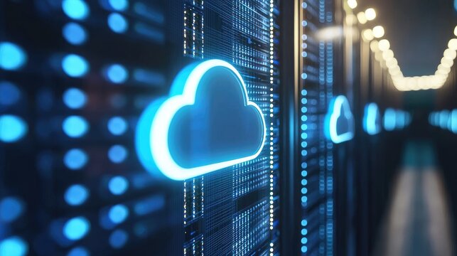 Futuristic server room with glowing blue cloud icons and illuminated data racks, symbolizing cloud computing and data security. Perfect for cloud technology promotions