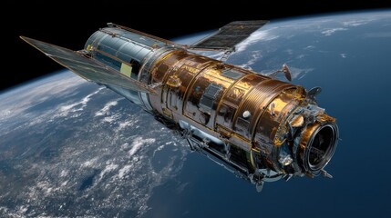 Satellite orbiting Earth, detailed view showing solar panels and antennas against a night sky backdrop.