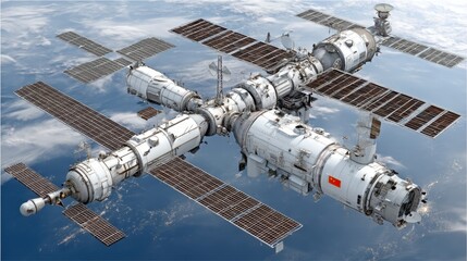 Space station orbiting Earth, viewed from a distance, showing detailed structure and solar panels against a cloudy backdrop.