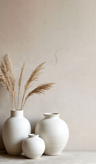 White ceramic vases on a beige background. AI.