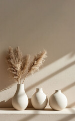 Naklejka premium White ceramic vases on a beige background. AI.