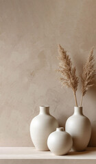 White ceramic vases on a beige background. AI.