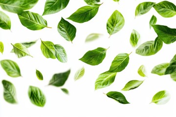 A scattered arrangement of fresh green basil leaves against a bright white background surface view