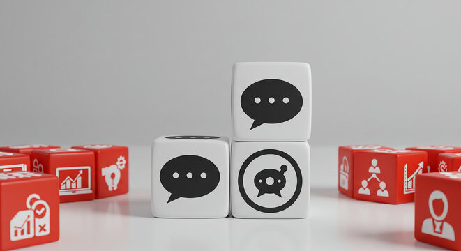 Wooden speech bubbles and communication symbols on white background for digital message and social media - Powered by Adobe
