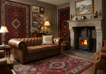 Cozy Living Room Leather Sofa, Fireplace, Antique Rugs, Paintings, Elegant Interior Design.