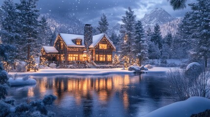 Fototapeta premium Winter haven: Serene cottage reflecting in icy lake during a snowy twilight