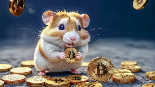 Cute hamster grabs cryptocurrency. cryptocurrency successful hamster