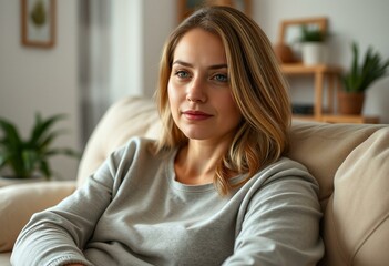 Serene female homebody in a cozy living room