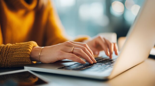 a woman typing on a laptop computer.