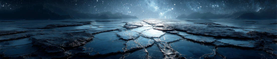 a very large ice covered lake with a sky background and water flowing down it's sides and a bright light coming from the top