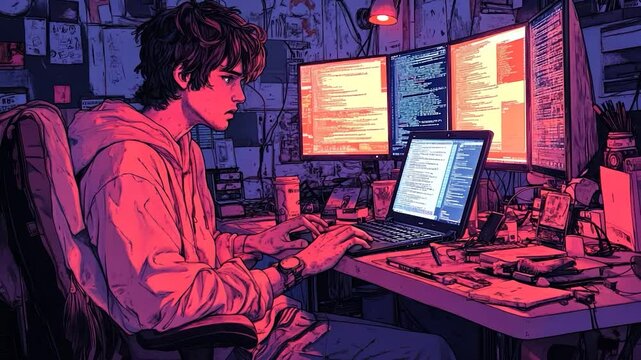 Person working on multiple computer screens in a messy room.