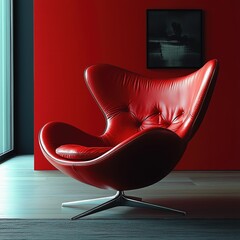 A modern red leather chair with a sleek design, placed against a vibrant red wall. The chair features tufted detailing and a unique, futuristic shape