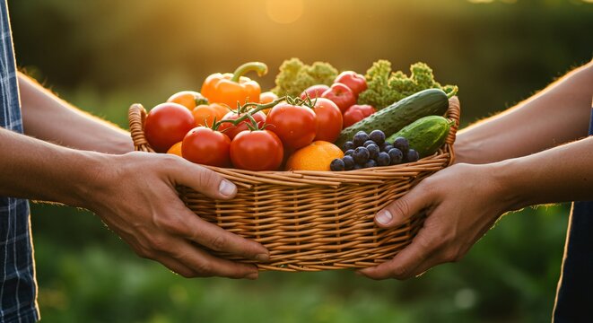 Close-up of two hands exchanging a basket of freshly harvested organic fruits and vegetables, representing community-supported agriculture and farm-to-fork cooperation