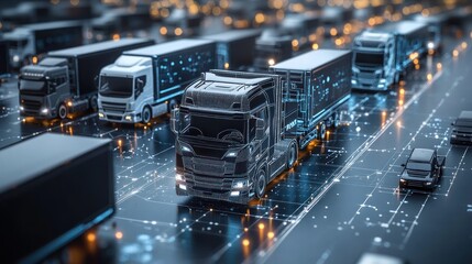 Futuristic autonomous trucks on a smart highway, connected by digital network.
