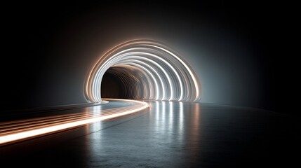 Glowing tunnel with rhythmic light arcs leading into darkness, futuristic concept