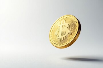 Side view of a single coin in mid-air against white backdrop , isolated, sharp, detail