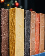 Neatly arranged row of delicious chocolate bars displaying different flavors and packaging designs