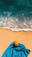 Naklejka premium Radiant orange ball resting on soft blue towel amidst golden sand and foamy turquoise ocean waves blissful scenic view
