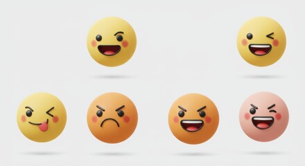 Fototapeta premium Expression Array: Diverse Round Facial Icons on Light Background.