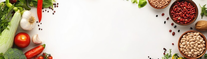 Vibrant Fresh Vegetables and Legumes Overhead Shot Featuring Tomatoes Garlic Peppers and Assorted Beans with Space for Text on White Background